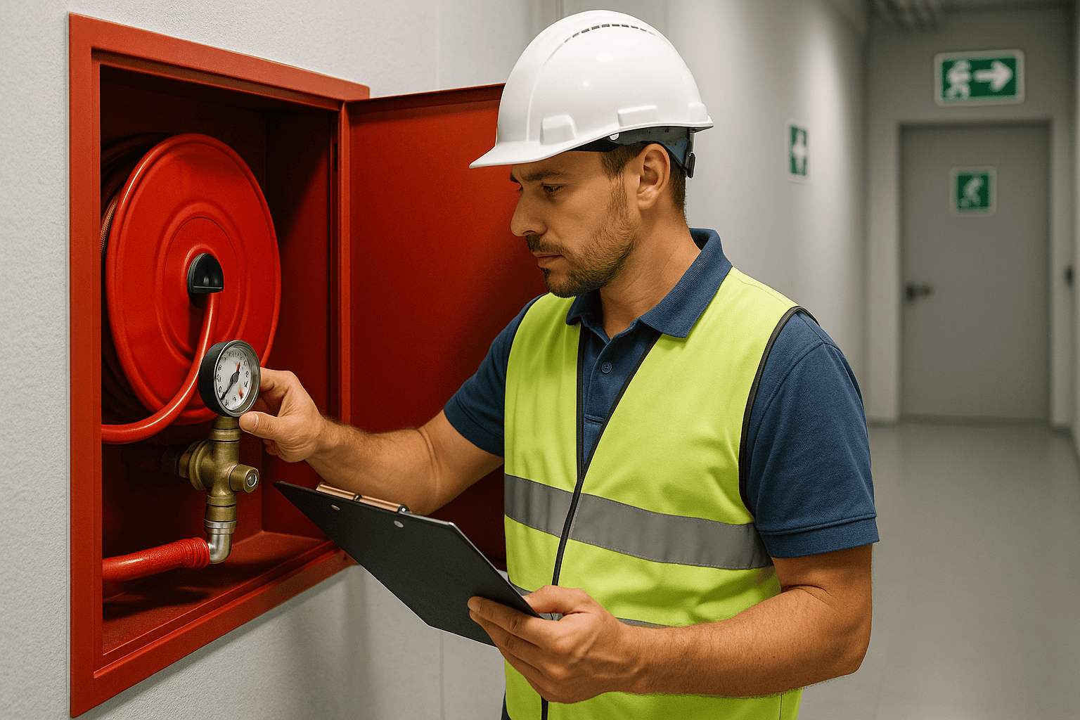 Técnico revisando una boca de incendio equipada en edificio industrial