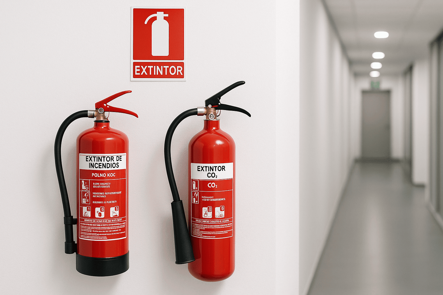 Extintores instalados en pared con señalización visible