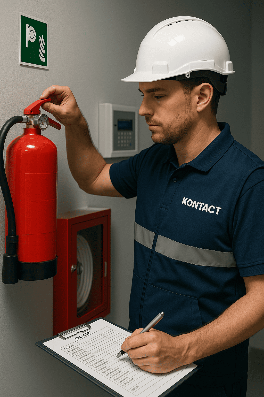 Técnico revisando extintores y anotando en checklist de mantenimiento